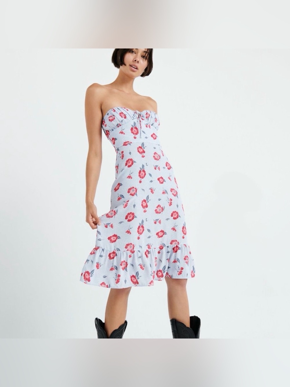 Sunday Best Aritzia Brinley Floral Strapless Blue Midi Dress Size L